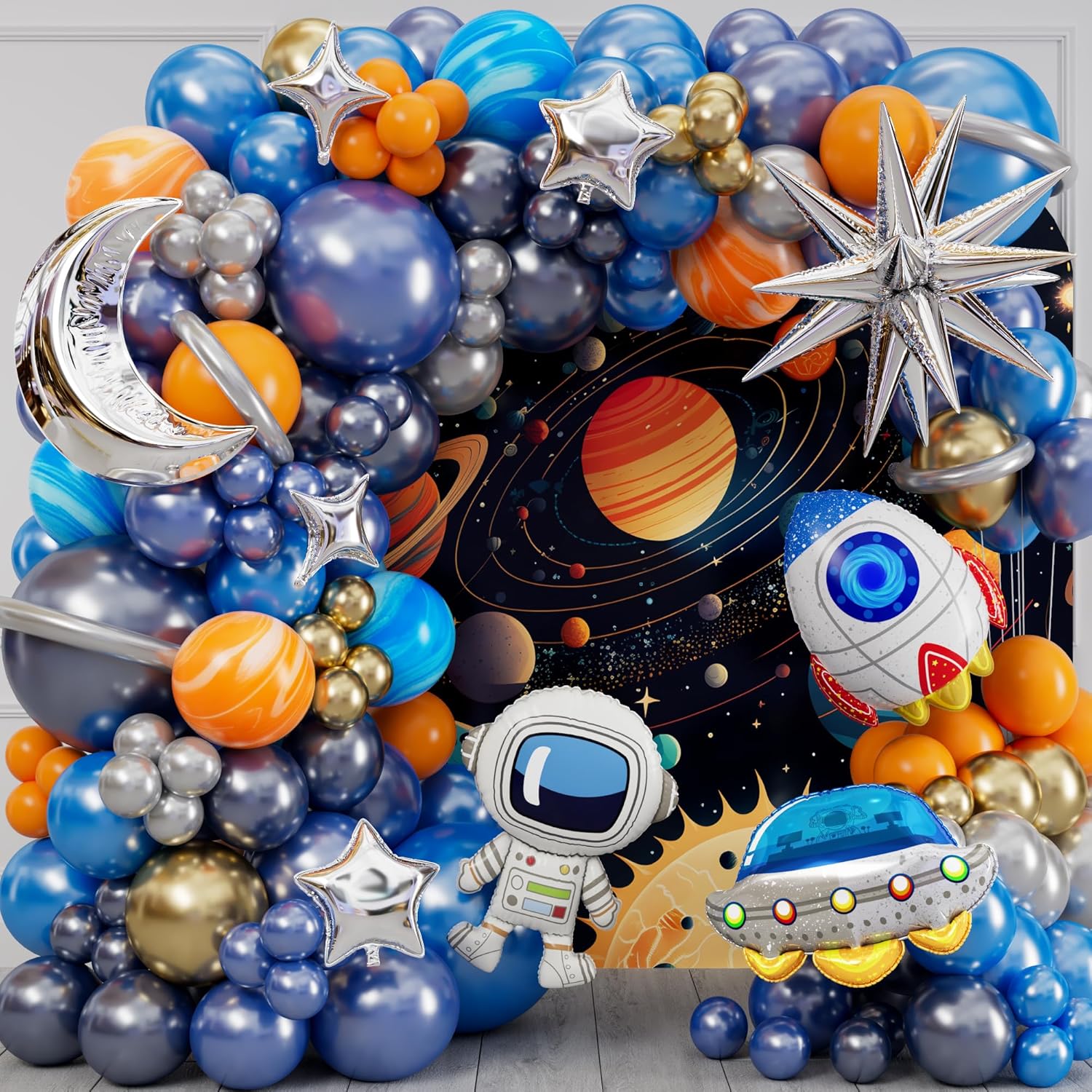 宇宙、月、青、オレンジ、グレー、宇宙飛行士、ロケット、UFO - Balloon Arch Kit のレビューと価格